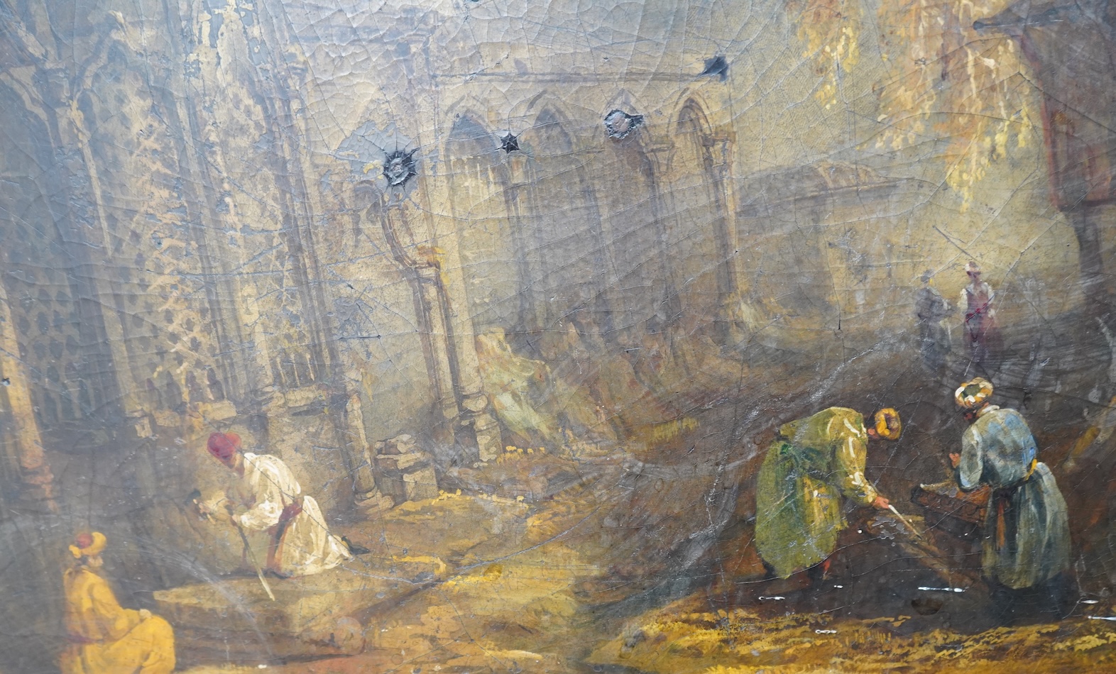 A Victorian japanned table top, depicting Indian grave robbers